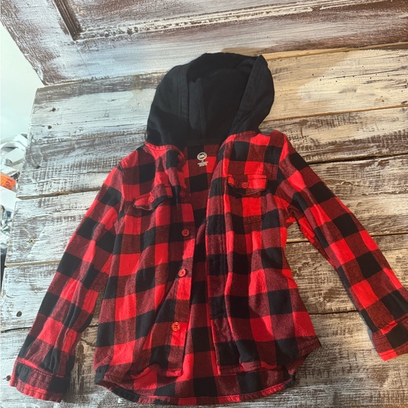 Wonder Nation Red and Black Plaid Button Down Shirt with Hood - Picture 1 of 3